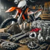 Diverse crossmotor onderdelen zoals tandwielen, kettingen en vering voor verschillende merken zoals KTM, Honda en Suzuki.