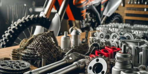 Diverse crossmotor onderdelen zoals tandwielen, kettingen en vering voor verschillende merken zoals KTM, Honda en Suzuki.