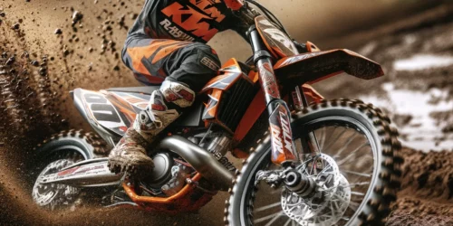 KTM crossmotor met hoogwaardige onderdelen op een modderig circuit