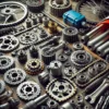Diverse crossmotor onderdelen zoals kettingen, tandwielen en remschijven, perfect voor onderhoud en upgrades