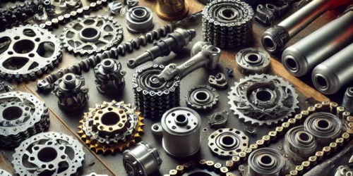 Diverse crossmotor onderdelen zoals kettingen, tandwielen en remschijven, perfect voor onderhoud en upgrades