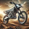 Crossmotor met accessoires en onderdelen op een ruig terrein, klaar voor actie.
