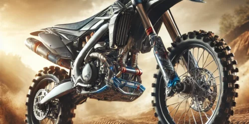 Crossmotor met accessoires en onderdelen op een ruig terrein, klaar voor actie.