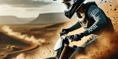 Motocrossrijder met een Arai helm in actie op een offroad circuit.
