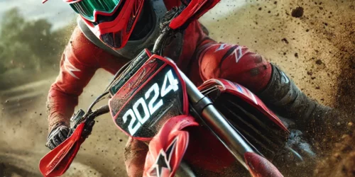 Motorcrosser met Alpinestars crosshelm tijdens rit over modderig parcours in 2024-stijl.