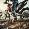 Motocrosser start zijn motor met jumpstarter op een modderige baan tijdens een race.