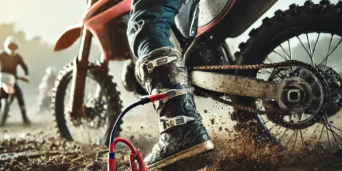 Motocrosser start zijn motor met jumpstarter op een modderige baan tijdens een race.