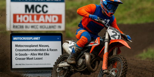 Motocrossrijder scheurt door de modder op het circuit van MCC Holland in Gouda, met nieuwsupdate van Motocrossplanet op de achtergrond