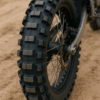 Close-up van een nieuwe buitenband voor een crossmotor met grof profiel op een zanderige ondergrond