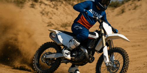 Een motocrossrijder in actie op een zandbaan, volledig uitgerust met een Alpinestars Tech 10 laars, crosshelm en HGS uitlaat