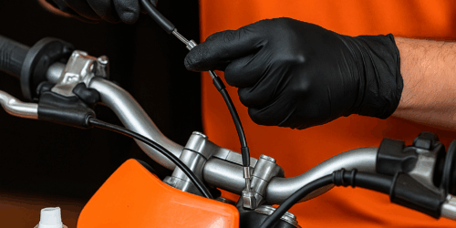 Een crossmonteur monteert een nieuwe gaskabel op een crossmotor, met vet en tang zichtbaar op een houten werkbank