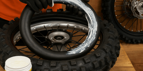 Een monteur legt een mousse in een crossmotorband met montagevet op een houten werkbank, terwijl het wiel klaarstaat voor montage